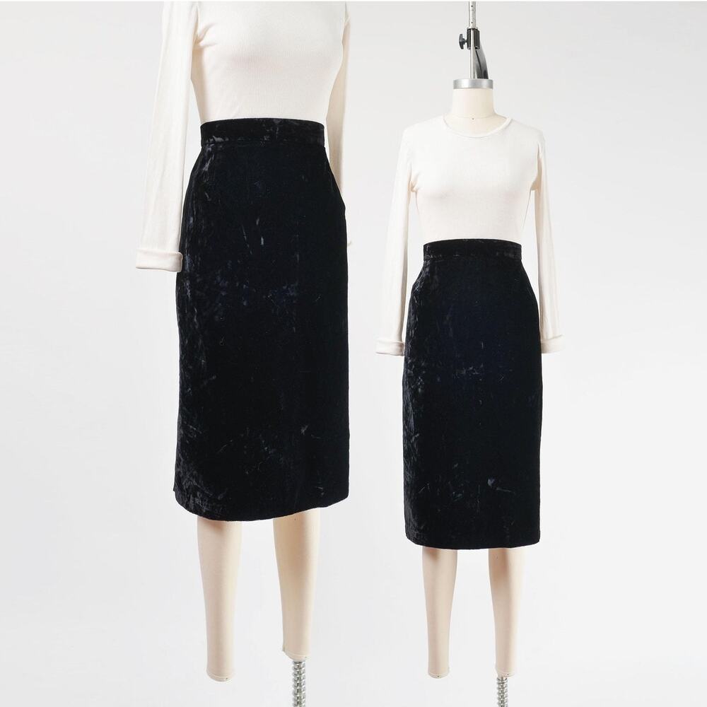 Vintage 80s Black Crushed Velvet Pencil Skirt 1X Plus Size High Waist Midi 16 18